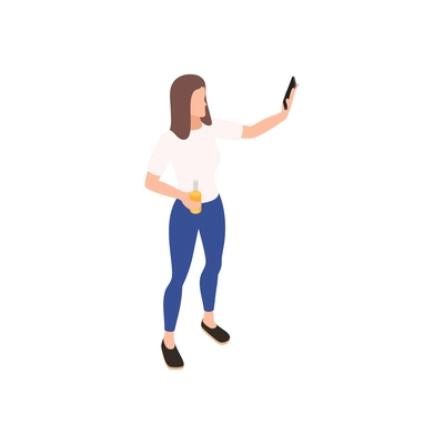 Party isometric icon with woman holding bottle with drink and taking selfie on smartphone vector illustration