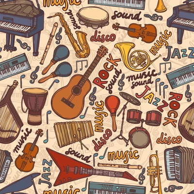 Musical instruments sketch colored seamless pattern vector illustration