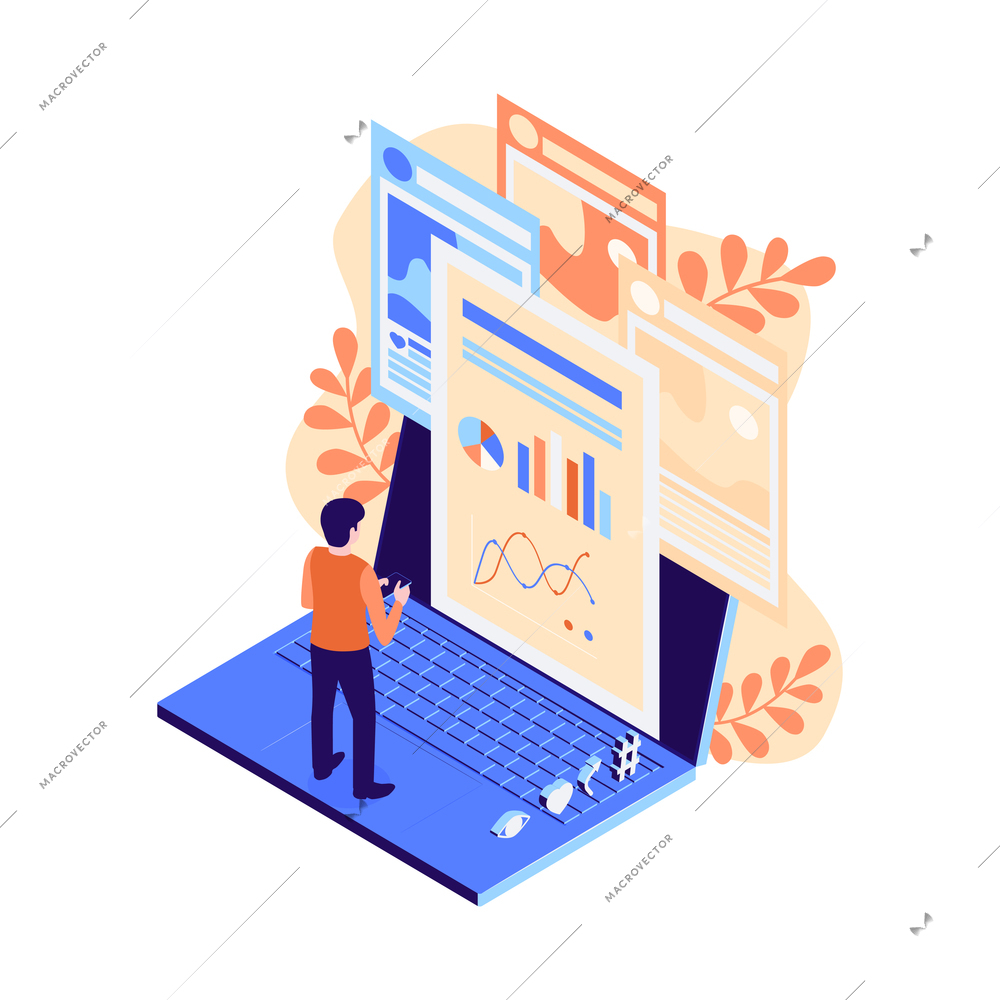 Isometric icon with man using social media for business vector illustration