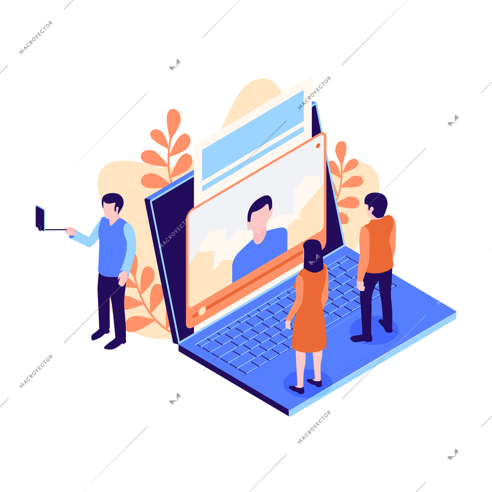 Social media colorful icon with characters watching video on laptop using selfie stick 3d vector illustration