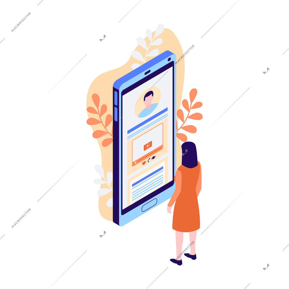 Isometric 3d icon with female character using smartphone for social network vector illustration