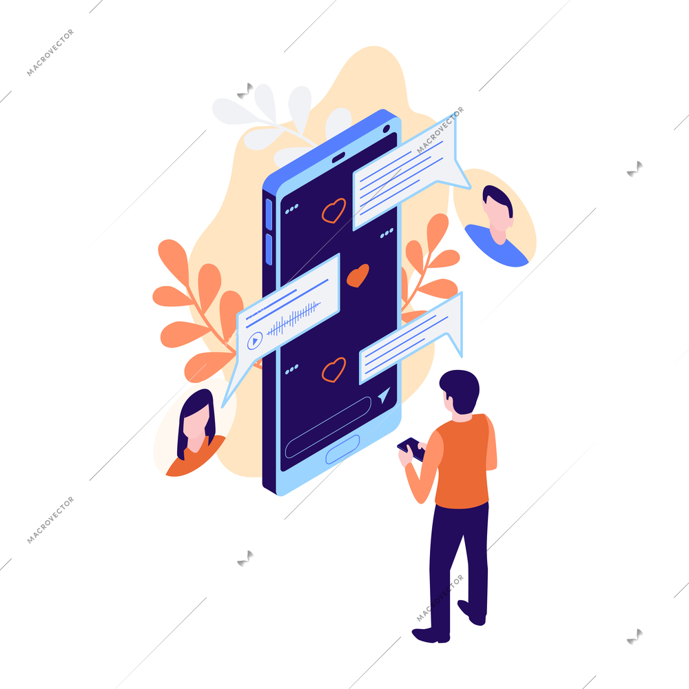 Social media isometric icon with characters sending text and voice messages 3d vector illustration