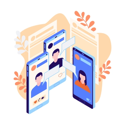 Isometric social media icon with people communicating via internet on smartphone 3d vector illustration