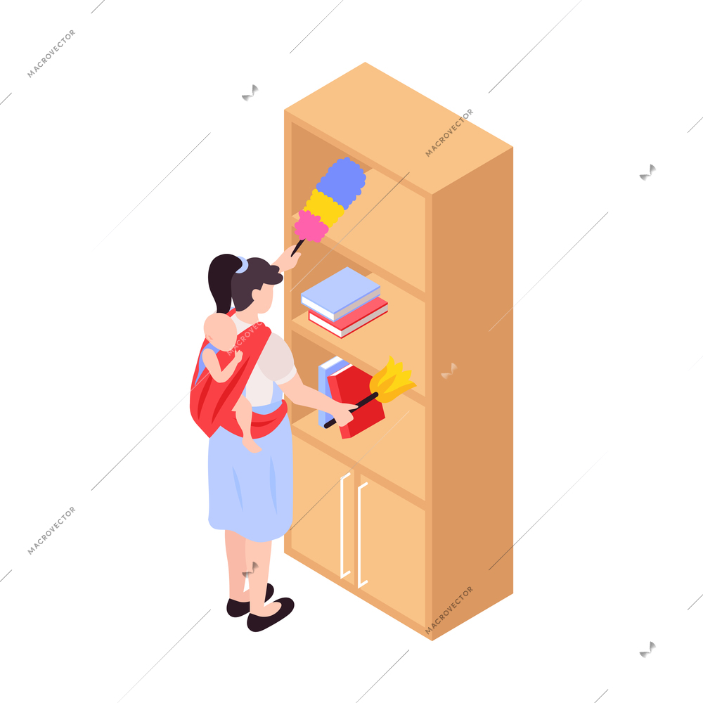 Isometric icon with super mom dusting furniture with her baby in sling 3d vector illustration