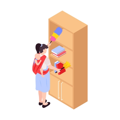 Isometric icon with super mom dusting furniture with her baby in sling 3d vector illustration