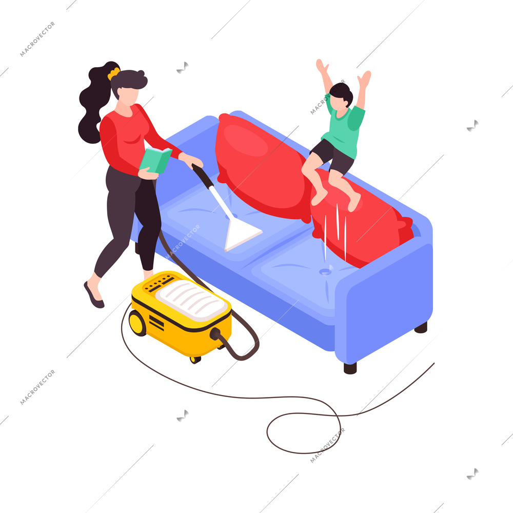 Super mom isometric icon with mother reading vacuuming sofa while her active child jumping 3d vector illustration