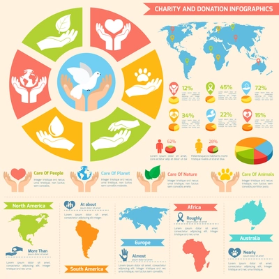 Charity donation social services and volunteer infographic set with charts and world map isolated vector illustration