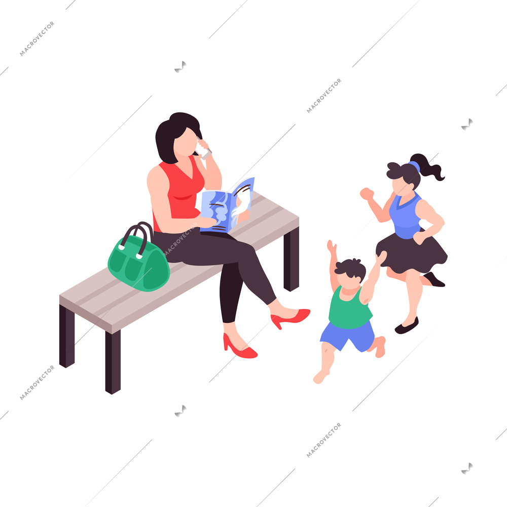 Super mom talking on phone reading magazine while her children walking 3d isometric vector illustration