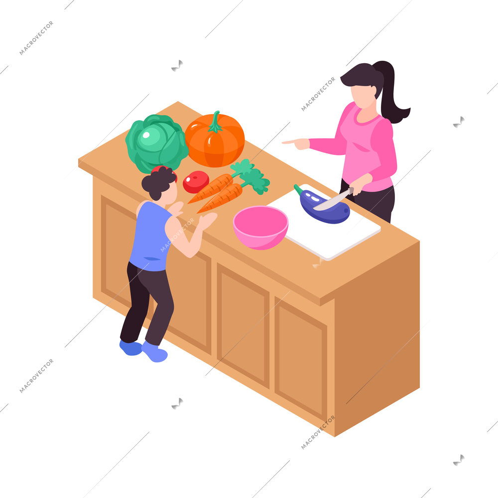 Isometric icon with child and his mum cooking on kitchen table 3d vector illustration