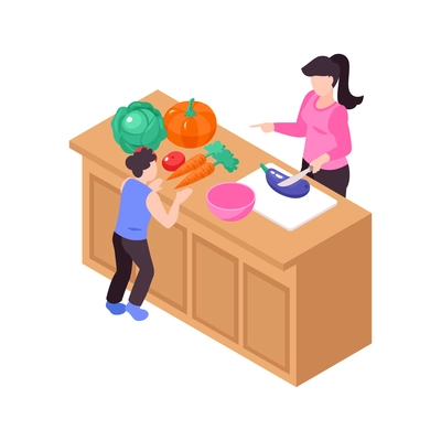 Isometric icon with child and his mum cooking on kitchen table 3d vector illustration