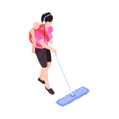 Super mom mopping floor in headphones with her child in baby carrier 3d isometric vector illustration