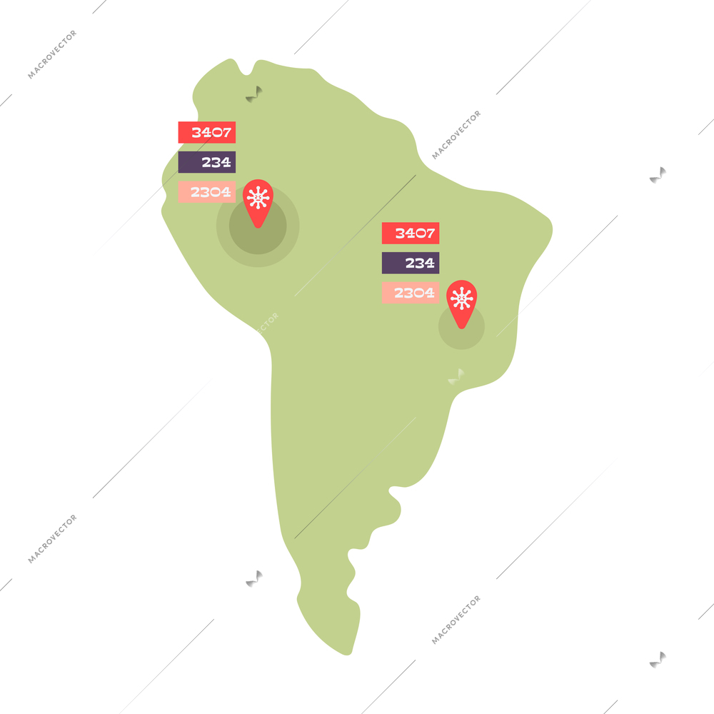 South america flat map with confirmed cases of coronavirus cure deaths vector illustration