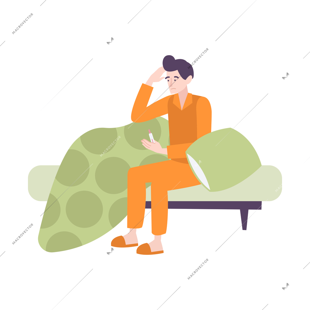 Flat coronavirus symptom icon with man having temperature sitting on bed vector illustration