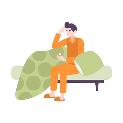 Flat coronavirus symptom icon with man having temperature sitting on bed vector illustration