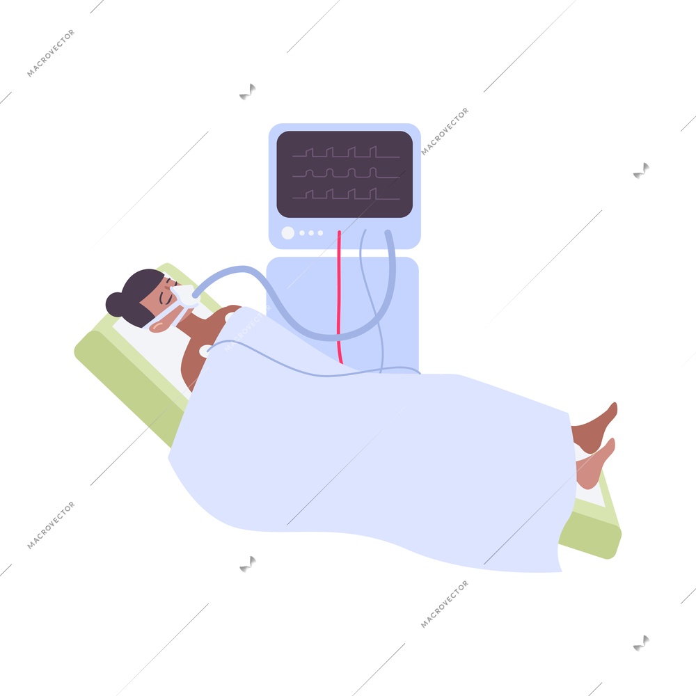 Woman with coronavirus on artificial lungs ventilation flat icon vector illustration