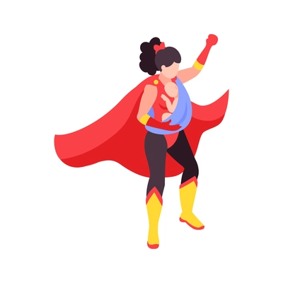 Mother in superhero costume with her baby in sling 3d isometric vector illustration