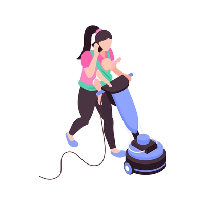 Isometric icon with super mom mopping floor talking on phone holding baby in sling 3d vector illustration