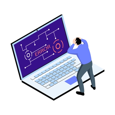 Broken device isometric icon with character in panic and error page on laptop screen vector illustration