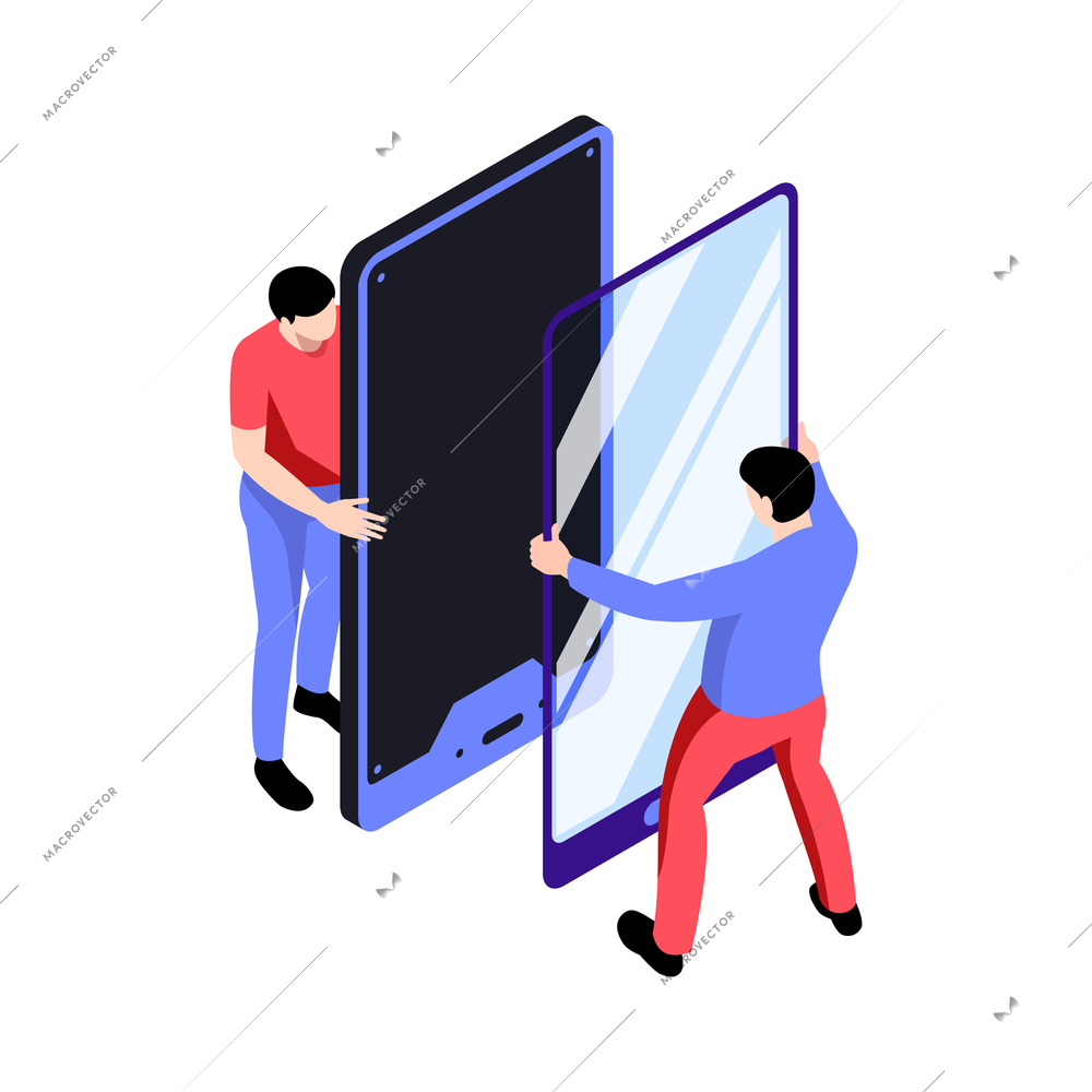 Isometric icon with people from repair service changing smartphone screen vector illustration