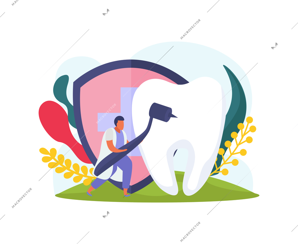 Health insurance stomatology flat icon with healthy tooth and character of dentist vector illustration