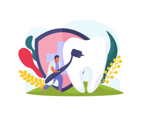 Health insurance stomatology flat icon with healthy tooth and character of dentist vector illustration