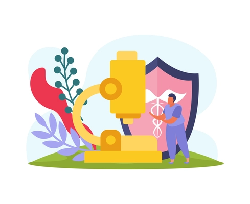 Health insurance flat icon with images of microscope shield and character vector illustration