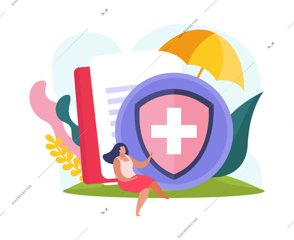Health insurance icon with colorful flat symbols and human character vector illustration