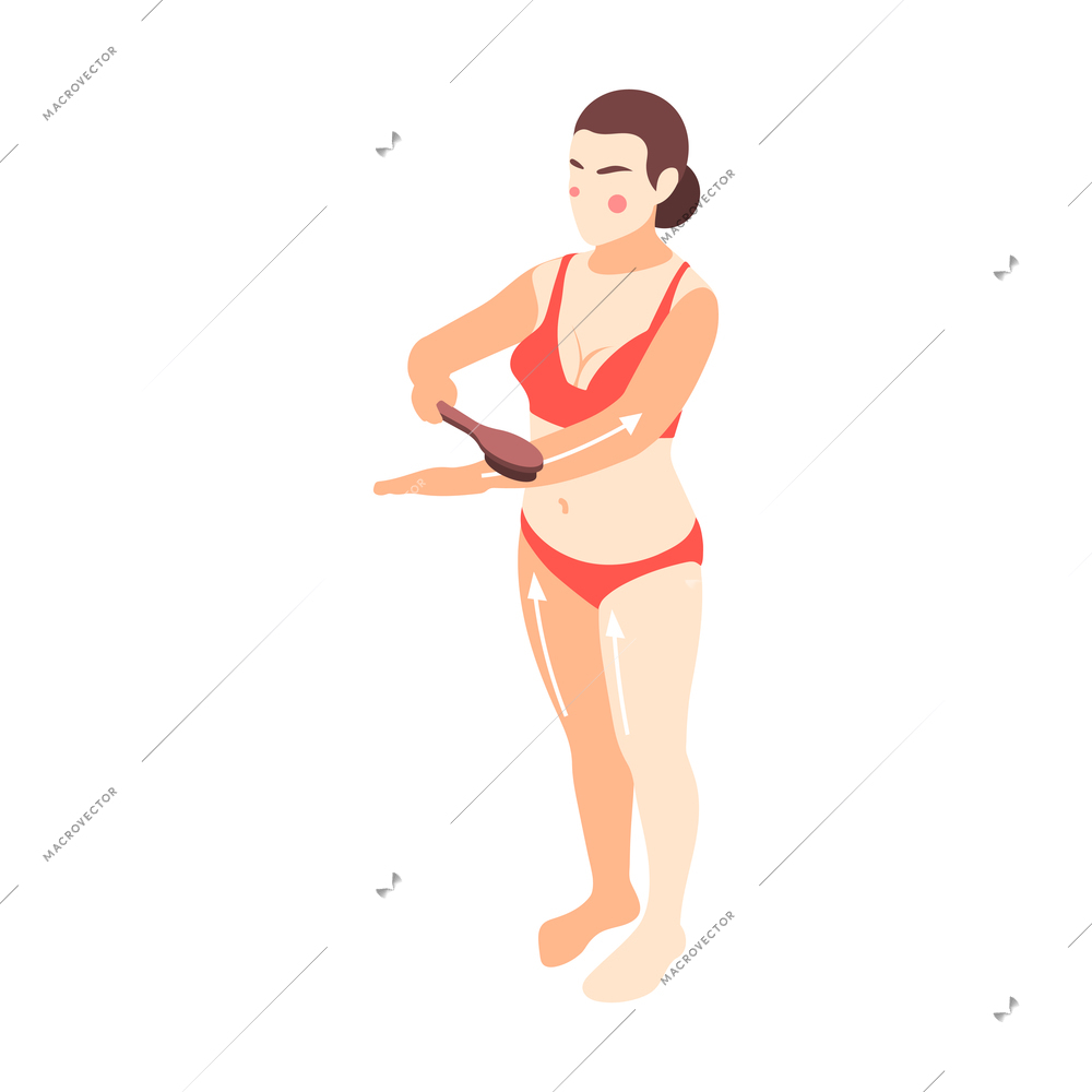 Skin care icon with slim woman doing dry body massage with brush 3d isometric vector illustration