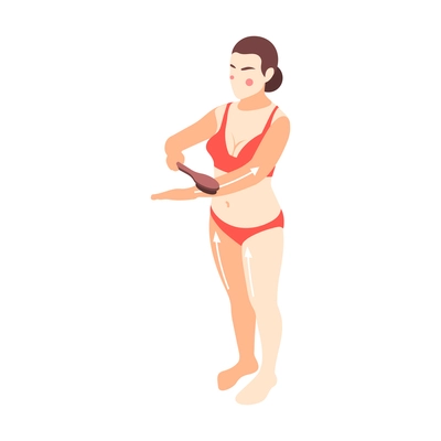 Skin care icon with slim woman doing dry body massage with brush 3d isometric vector illustration