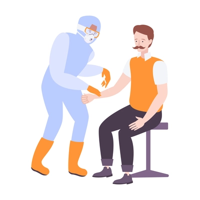 Coronavirus flat icon with medical worker in protective costume giving injection to infected person vector illustration