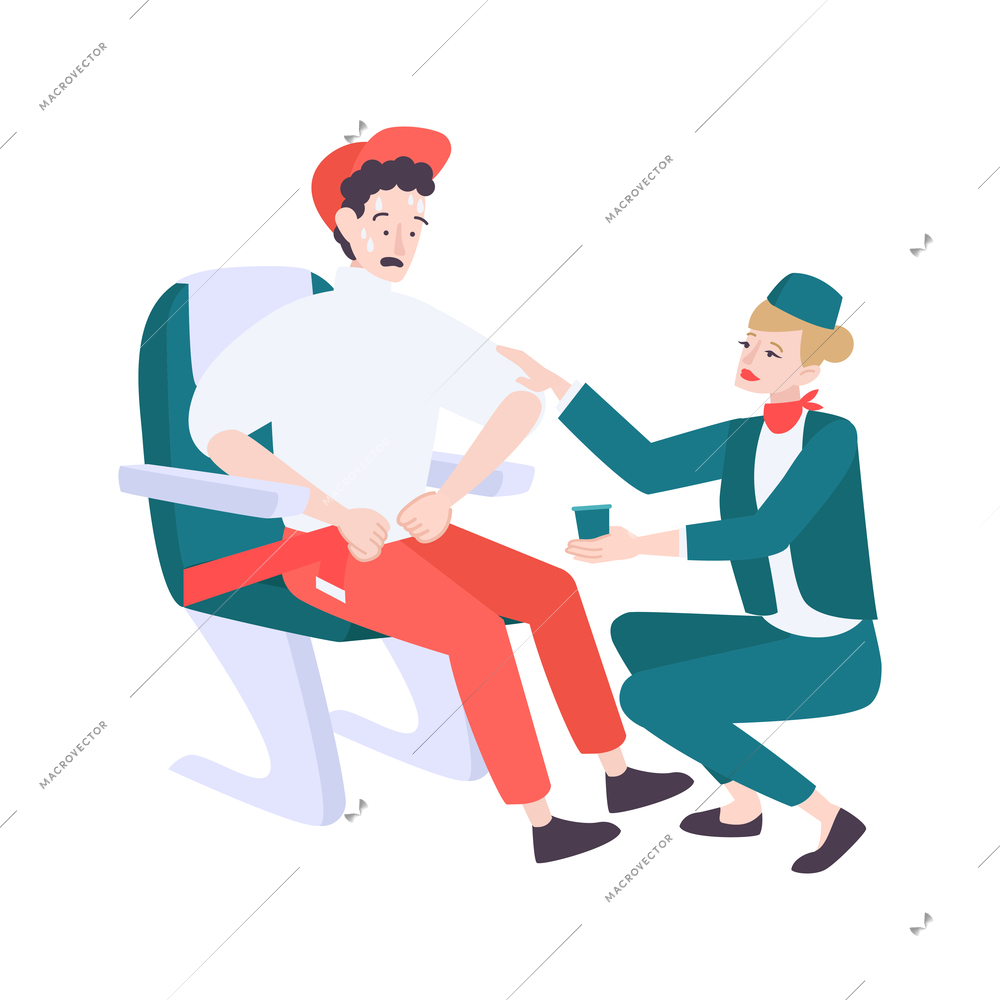 Stewardess offering glass of water to scared man with aerophobia flat vector illustration