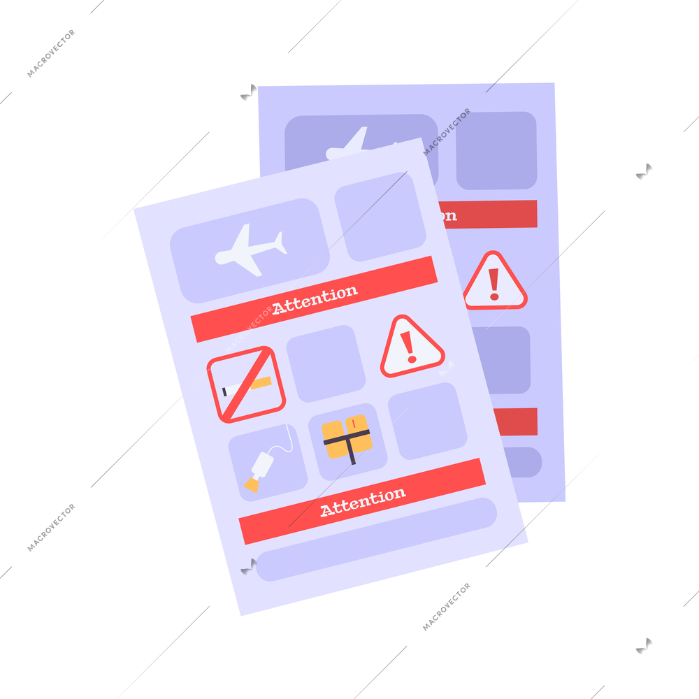 Aircraft safety briefing cards on white background flat vector illustration