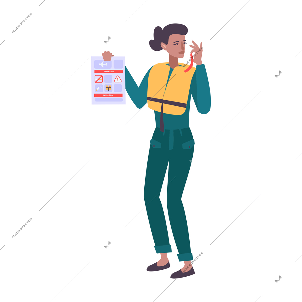 Stewardess in life vest holding briefing card giving instructions before flight flat vector illustration