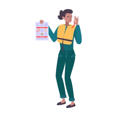 Stewardess in life vest holding briefing card giving instructions before flight flat vector illustration