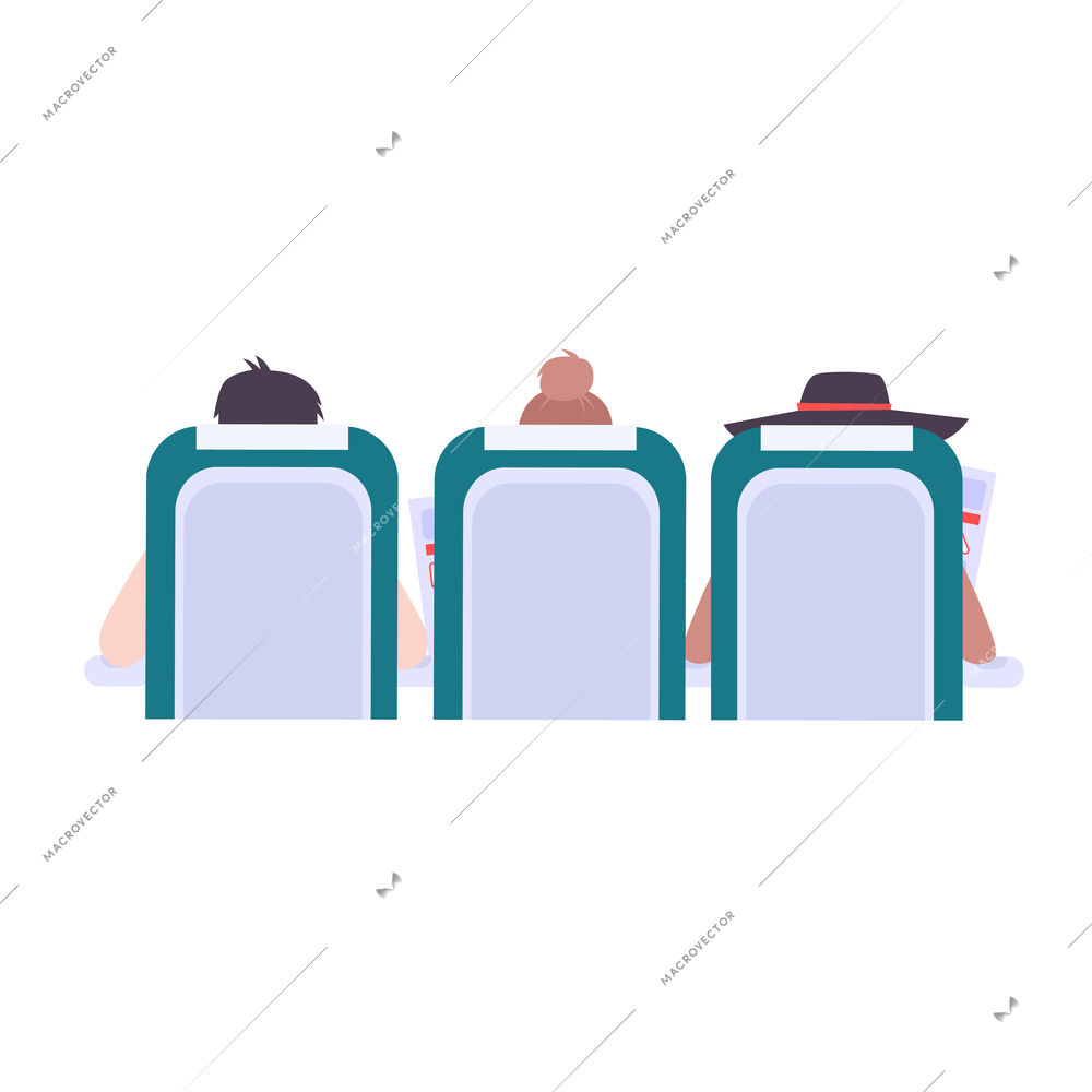 Plane passengers on their seats reading briefing cards back view flat vector illustration