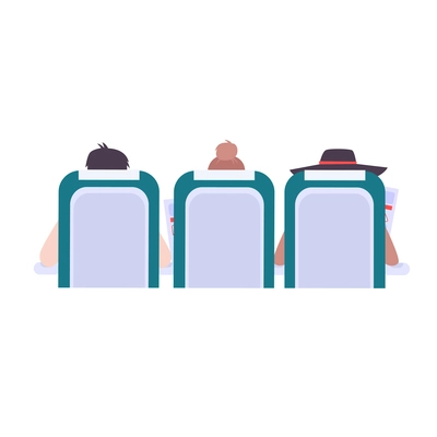 Plane passengers on their seats reading briefing cards back view flat vector illustration