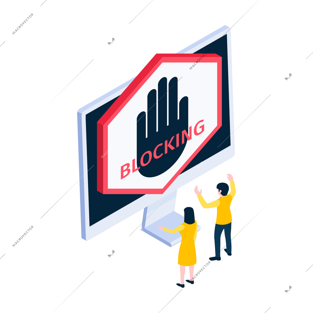 Internet blocking isometric icon with computer and two characters 3d vector illustration