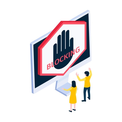 Internet blocking isometric icon with computer and two characters 3d vector illustration