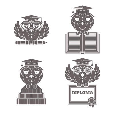 Black owl in graduation caps with books and diploma silhouette set isolated vector illustration