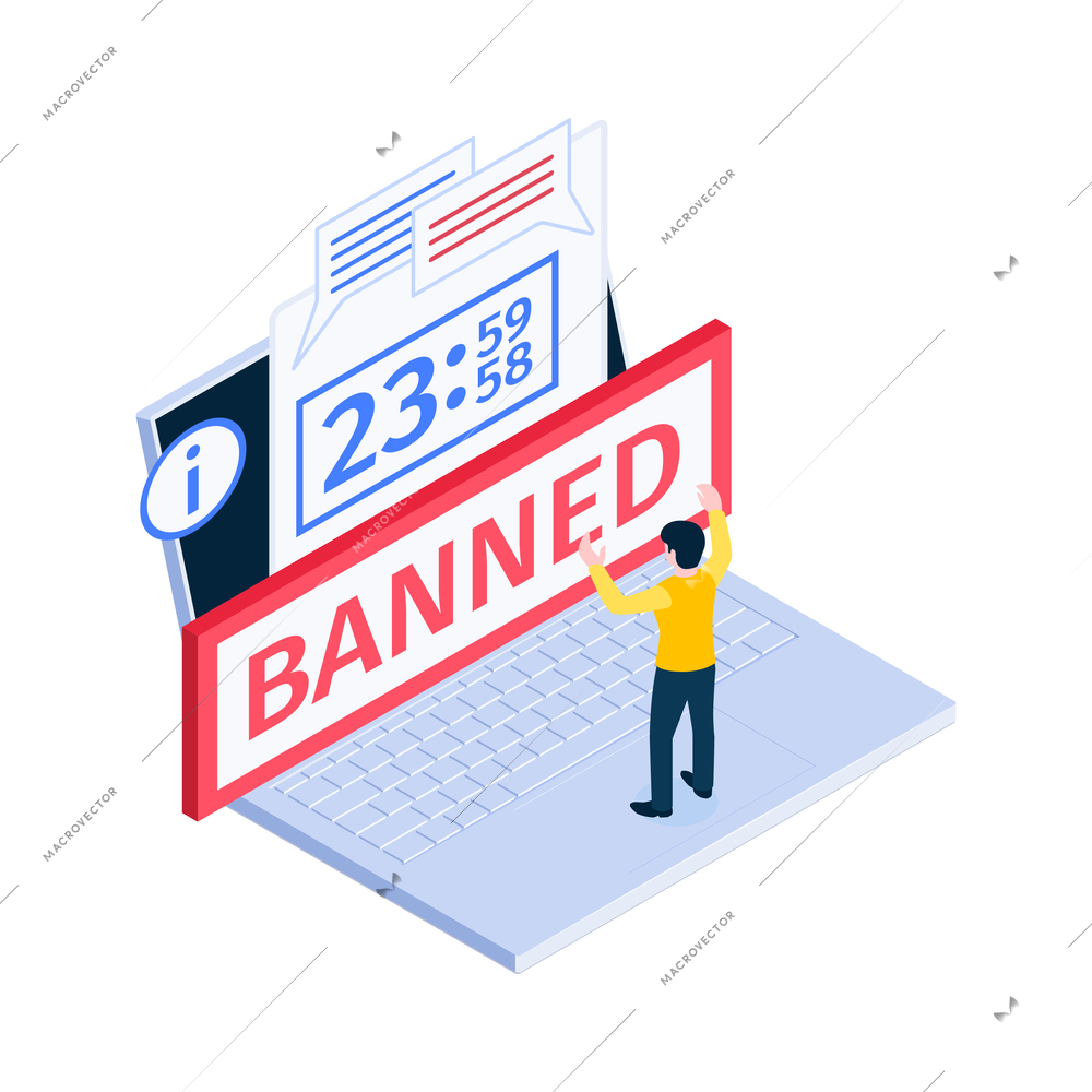 Internet ban isometric icon with notification on laptop screen and character in panic 3d vector illustration