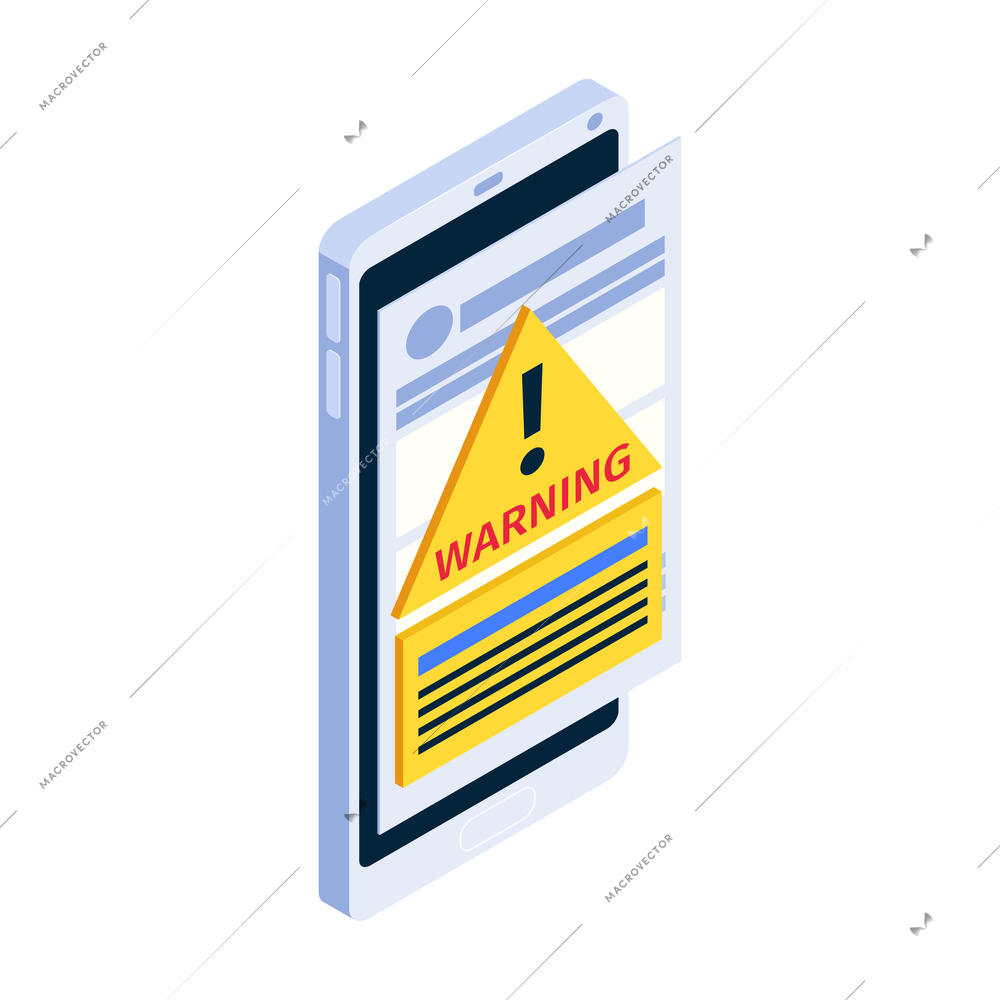 Isometric internet icon with warning on smartphone screen 3d vector illustration