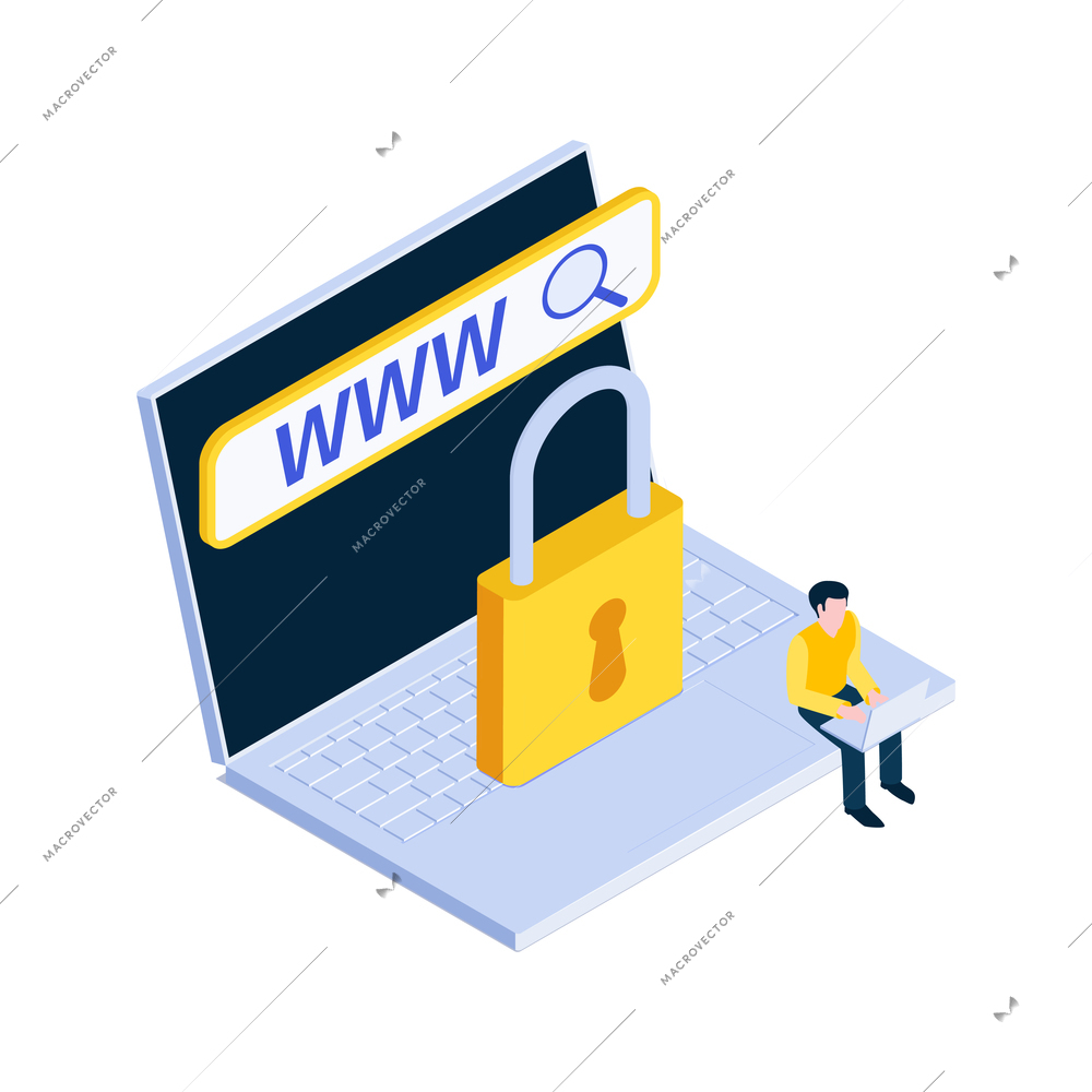 Internet blocking isometric color icon with blocked page and character 3d vector illustration