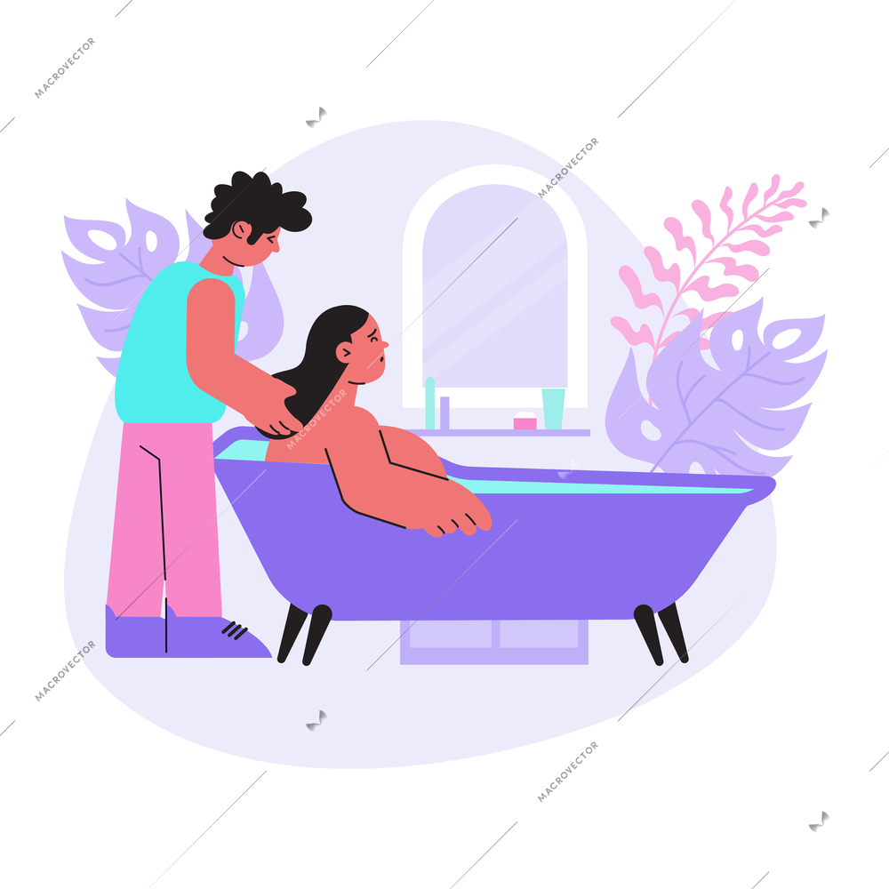 Childbirth flat composition with pregnant woman in bath vector illustration