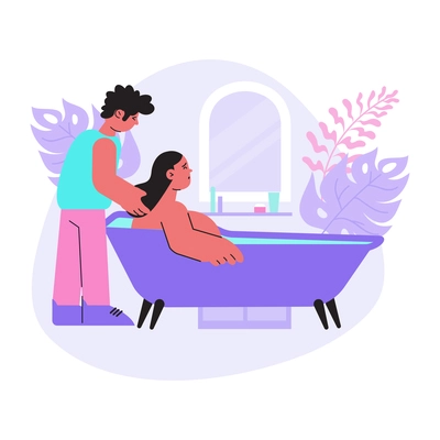 Childbirth flat composition with pregnant woman in bath vector illustration