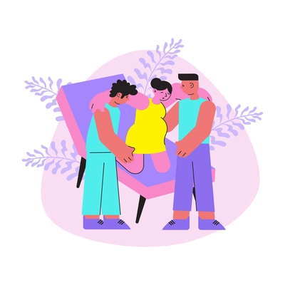 Flat composition with people helping woman during childbirth vector illustration