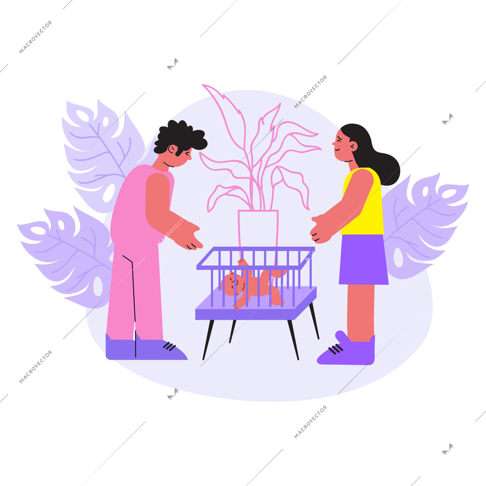 Childbirth flat composition with parents and their newborn child in cradle vector illustration