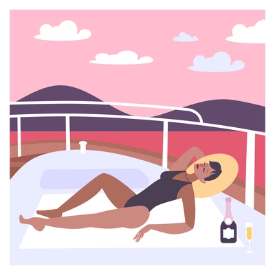 Beautiful rich woman relaxing on yacht with bottle of champagne flat vector illustration