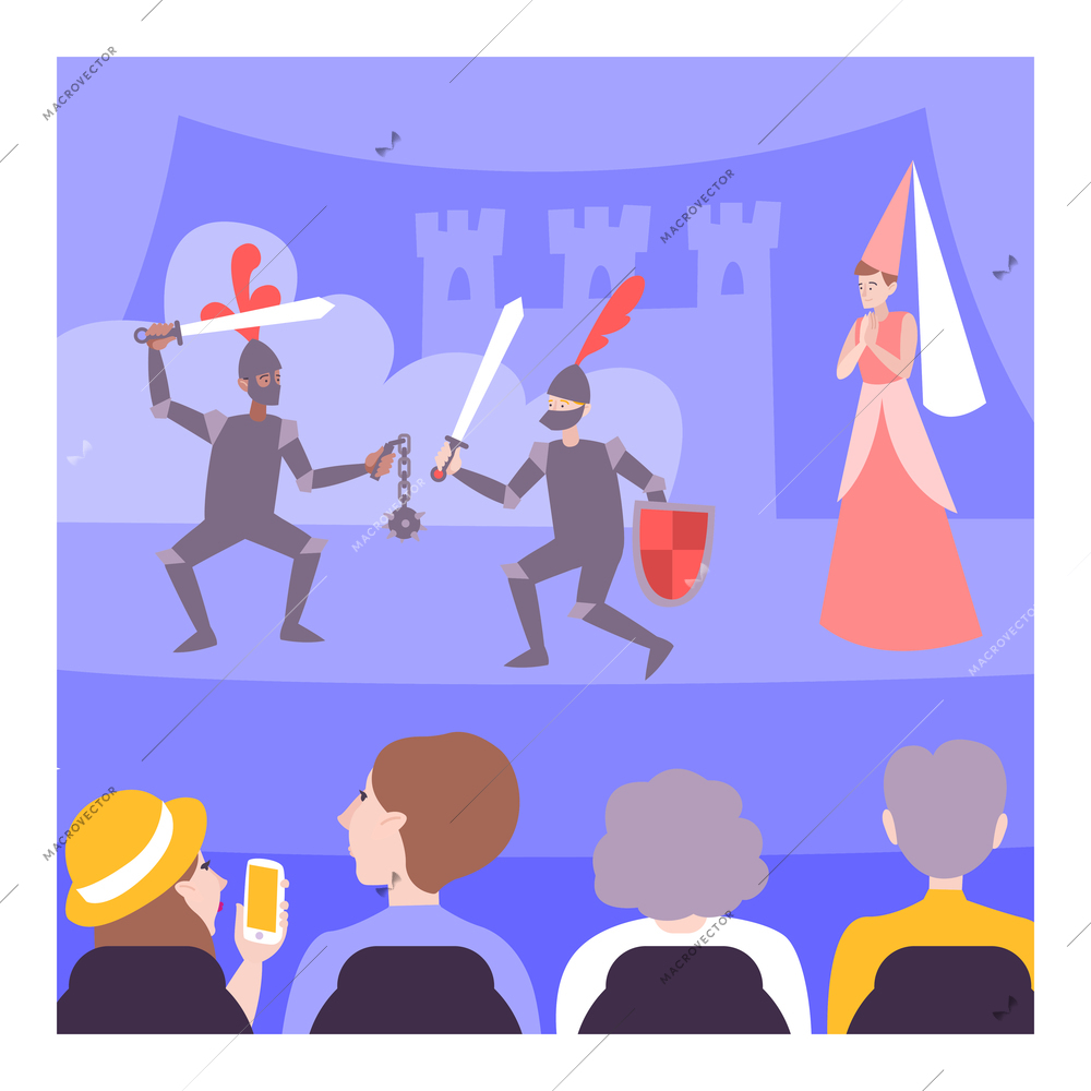 Teens performing on theatre stage in knights armor in front of audience flat vector illustration