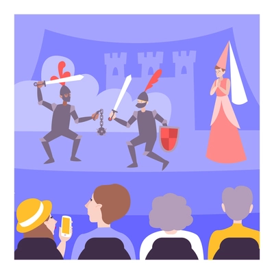 Teens performing on theatre stage in knights armor in front of audience flat vector illustration