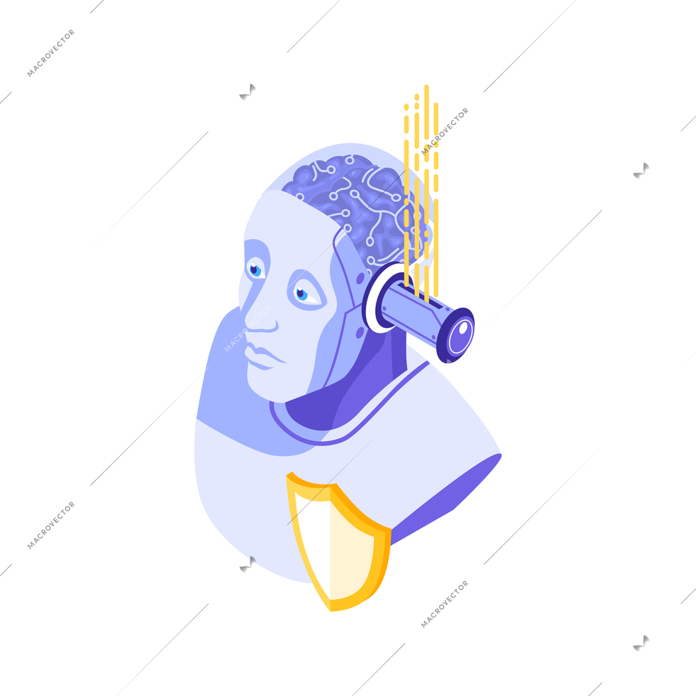 Cyber security isometric concept icon with robotic character and shield vector illustration